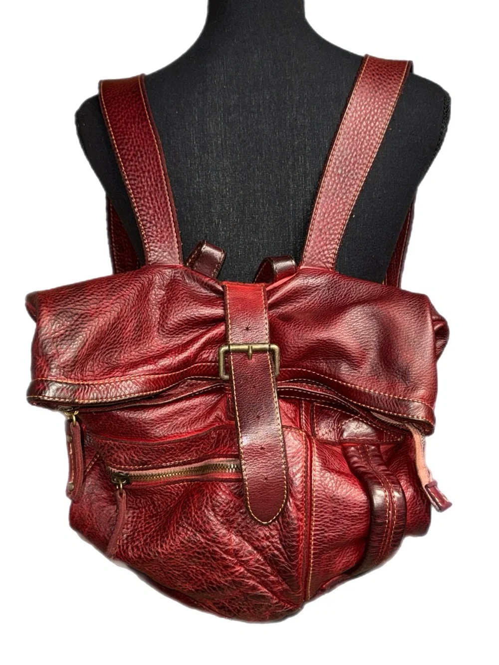 Vintage Bayside Red Leather Backpack – Distressed Grain - Multi‑Pocket Design